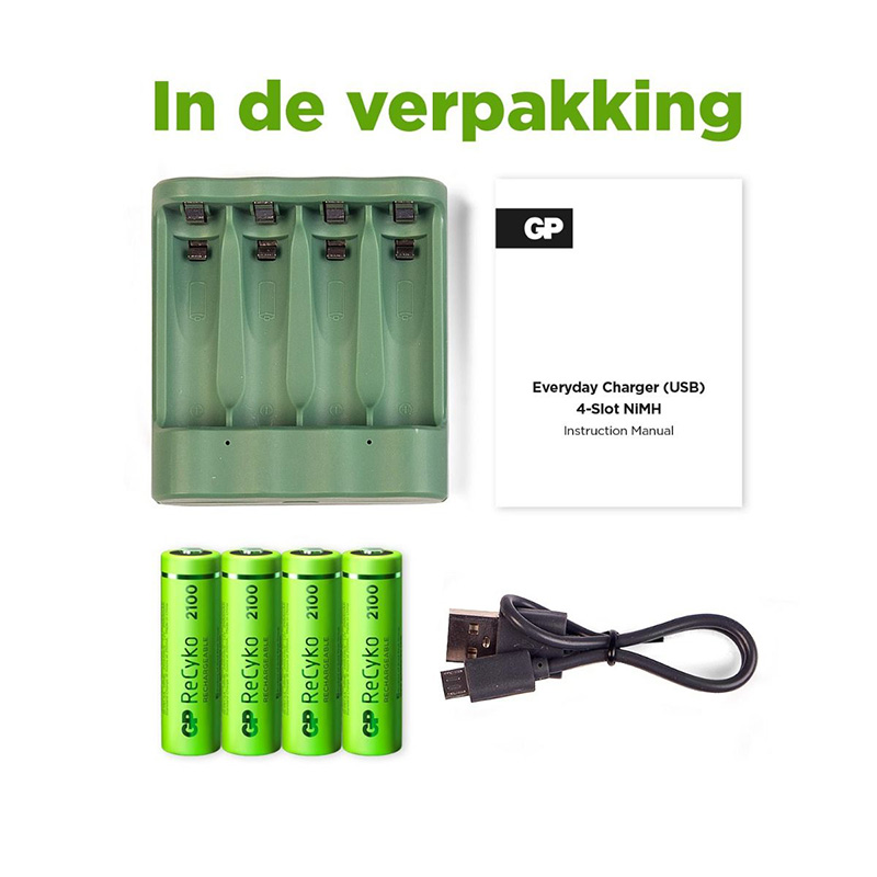 USB batterijlader + 4 x AA-batterijen 2100mAh NiMH - Image 3